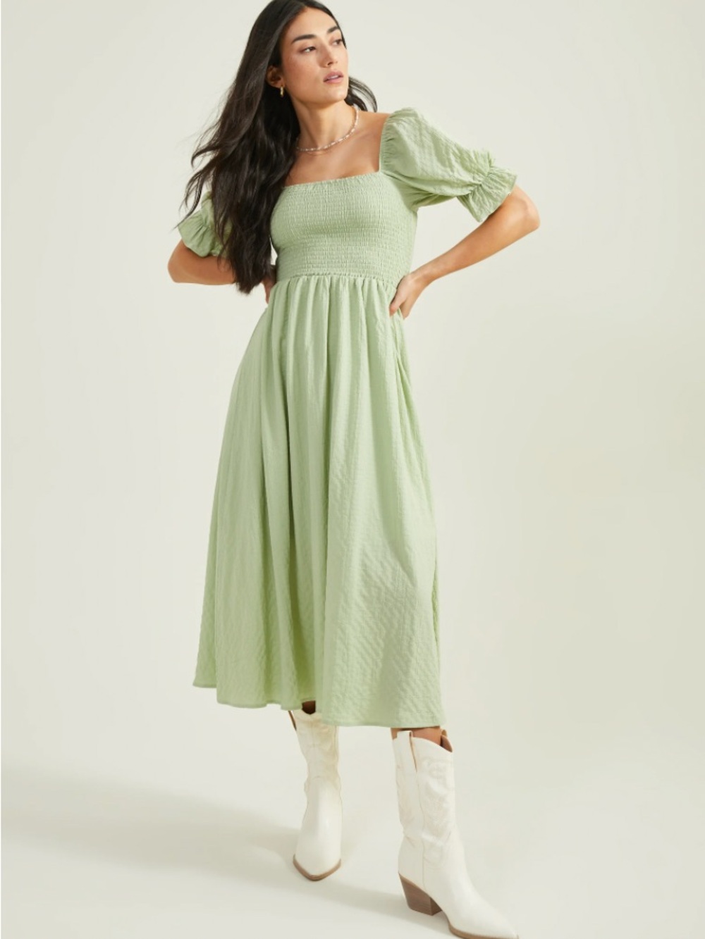 Altar'd State Smocked Square-Neck Midi Dress in Sage Green